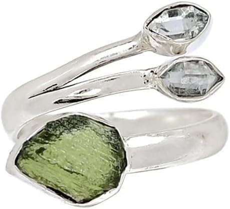 Moldavite Ring with Herkimer Diamond in 925 Sterling Silver