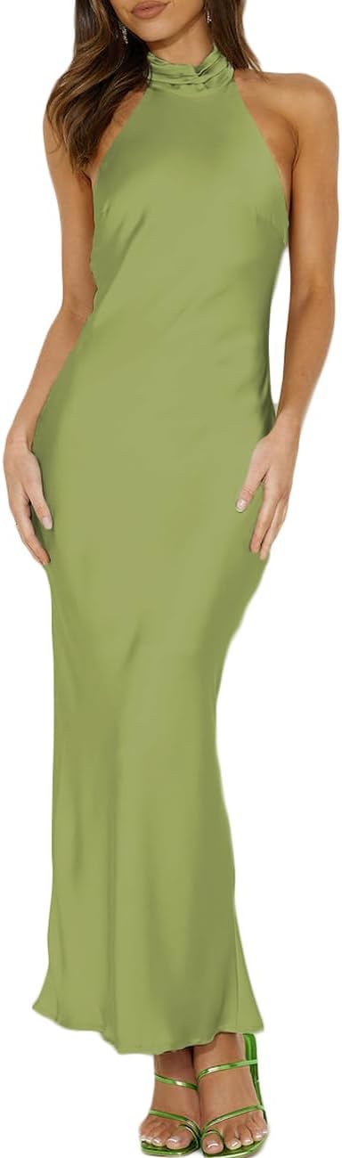 Phicia Sexy Satin Halter Neck Backless Maxi Dress for Women