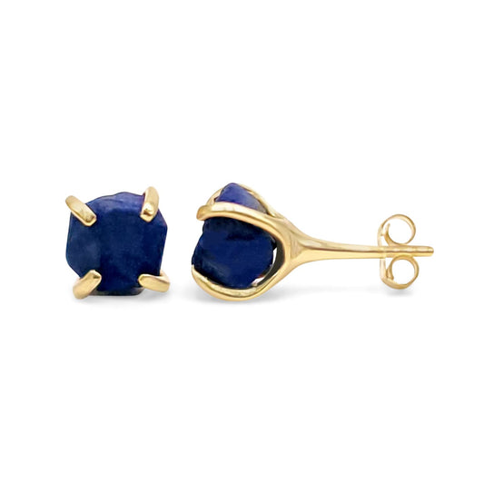 Natural Raw Lapis Lazuli Stud Earrings in Yellow Gold Over Silver