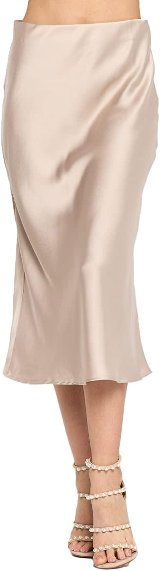 Women Solid High Waist Satin Midi Skirt for Elegant Style