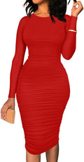 BEAGIMEG Ruched Long Sleeve Bodycon Midi Dress - Flattering Fit