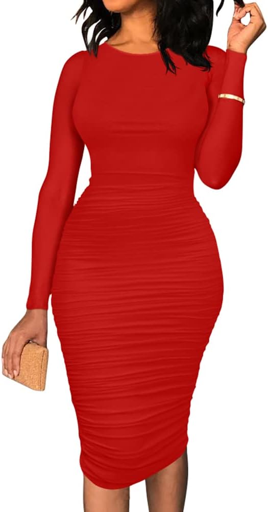 Elegant Bodycon Midi Dress for Women - Ruched Long Sleeve Style
