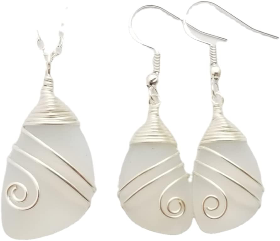 Handmade Sea Glass Necklace and Earrings Set for Women Gifts