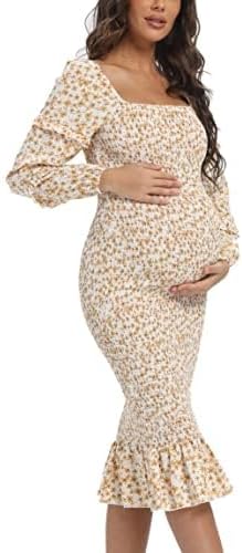 Spring Long Puff Sleeve Maternity Dress for Baby Showers