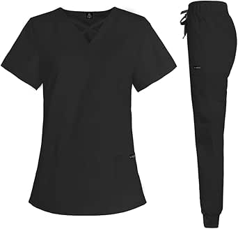 VIAOLI Scrubs for Women Set with Modern V-Neck Top & Jogger Pants