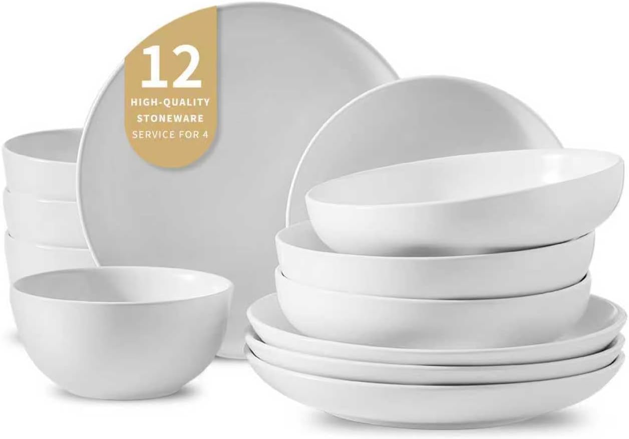 Stoneware Plates and Bowls Set - 12 Pieces Dinnerware Set