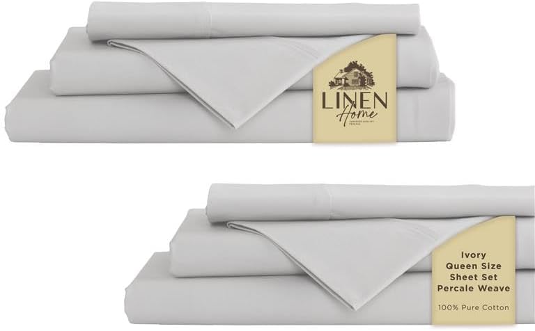 Linen Home 100% Cotton Percale Sheet Set for Queen Beds