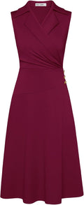 Women's Notch Lapel Ruched Wrap V Neck Midi Dress - Office Style