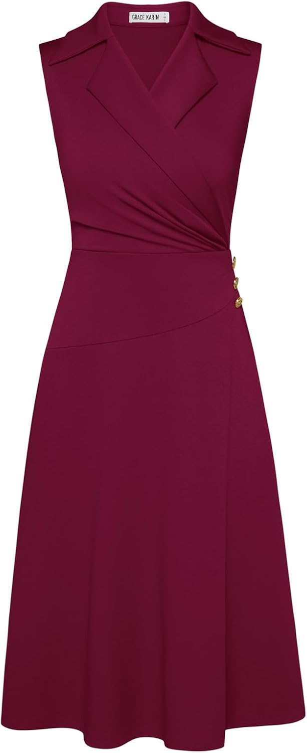Notch Lapel Ruched Wrap V Neck Business Work Dress for Women