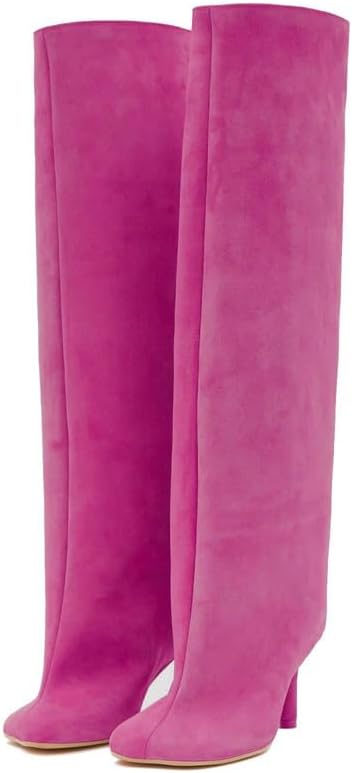 Knee High Boots Wide Calf Women Long Suede Square Toe Bootie