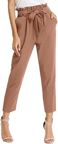 Women's Cropped Paper Bag Waist Pants - High Waist Slim Fit