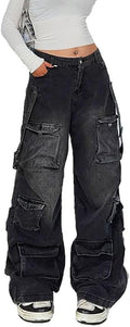 Women's Cargo Pants Low Waist Baggy Jeans Wide Leg - Black Cotton