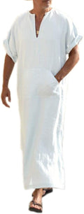 Men's V-Neck Linen Robe Short Sleeve Kaftan - Lightweight Summer Wear