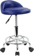 PU Leather Round Rolling Stool with Foot Rest - Height Adjustable