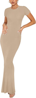 Women's Ribbed Summer Bodycon Maxi Dress - Elegant Crew Neck