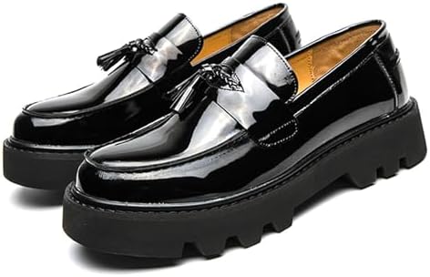 Men's Black Soft Patent Leather Platform Chunky Heel Loafers
