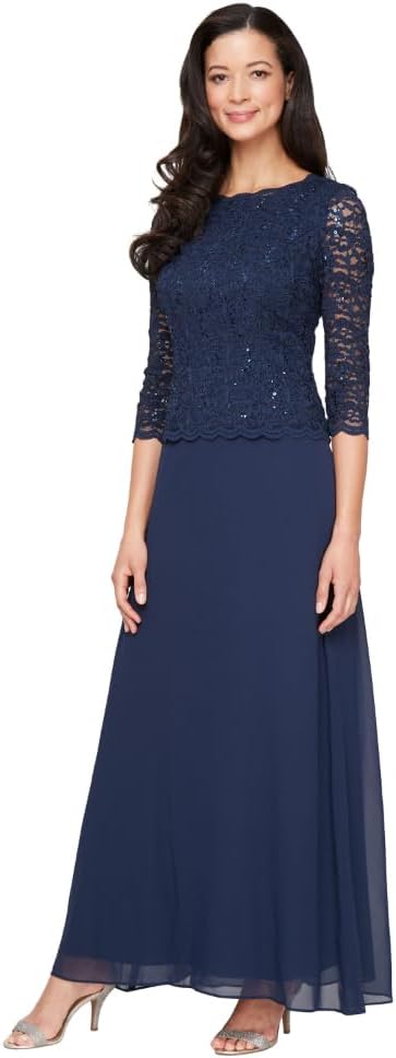Elegant 3/4 Sleeve Stretch Lace Bodice Mother of the Bride Dress
