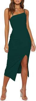 OWIN Women's Spaghetti Strap High Waist Split Midi Bodycon Dress soft