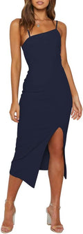 Women Adjustable Spaghetti Straps High Waist Split Midi Bodycon Dress