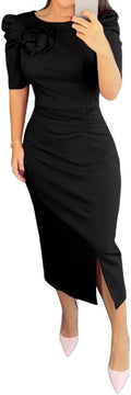Women's Bodycon Midi Dress Ruched Puff Sleeve Midi Dress - Figure