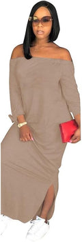 OLUOLIN Off Shoulder Letter Print Long Sleeve Maxi Dress - Casual soft