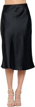 Women Solid High Waist Silky Satin Midi Skirt - Elegant Everyday Dress