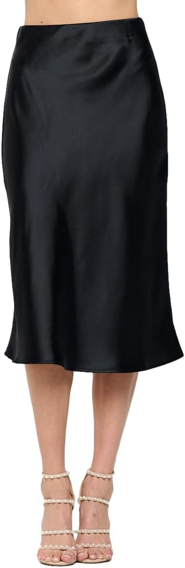 Women Solid High Waist Satin Midi Skirt for Elegant Style
