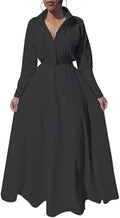 Bodycon4U Women's Pleated Long Sleeve Maxi Shirt Dress - Elegant Party