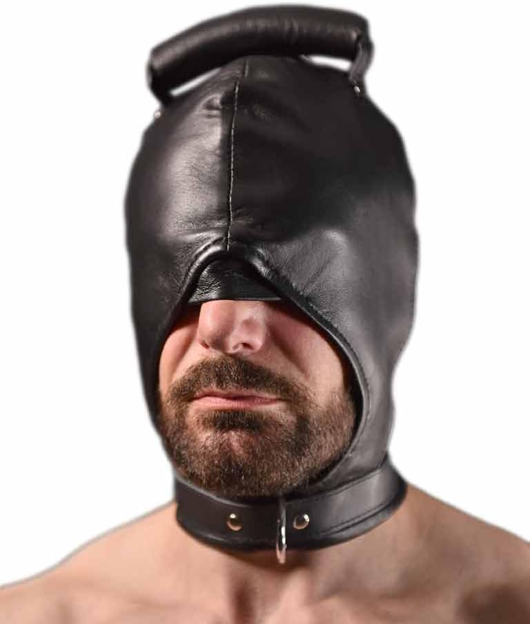 Leather Bondage Hood - Premium BDSM Mask with Handle Feature