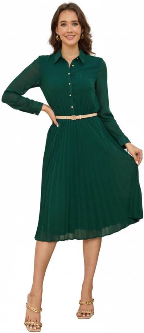 Business Casual Shirt Dress for Women Long Sleeves Pleated Midi