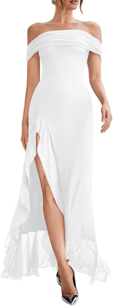 LAGSHIAN Women's Sexy Off Shoulder High Split Maxi Dress Review