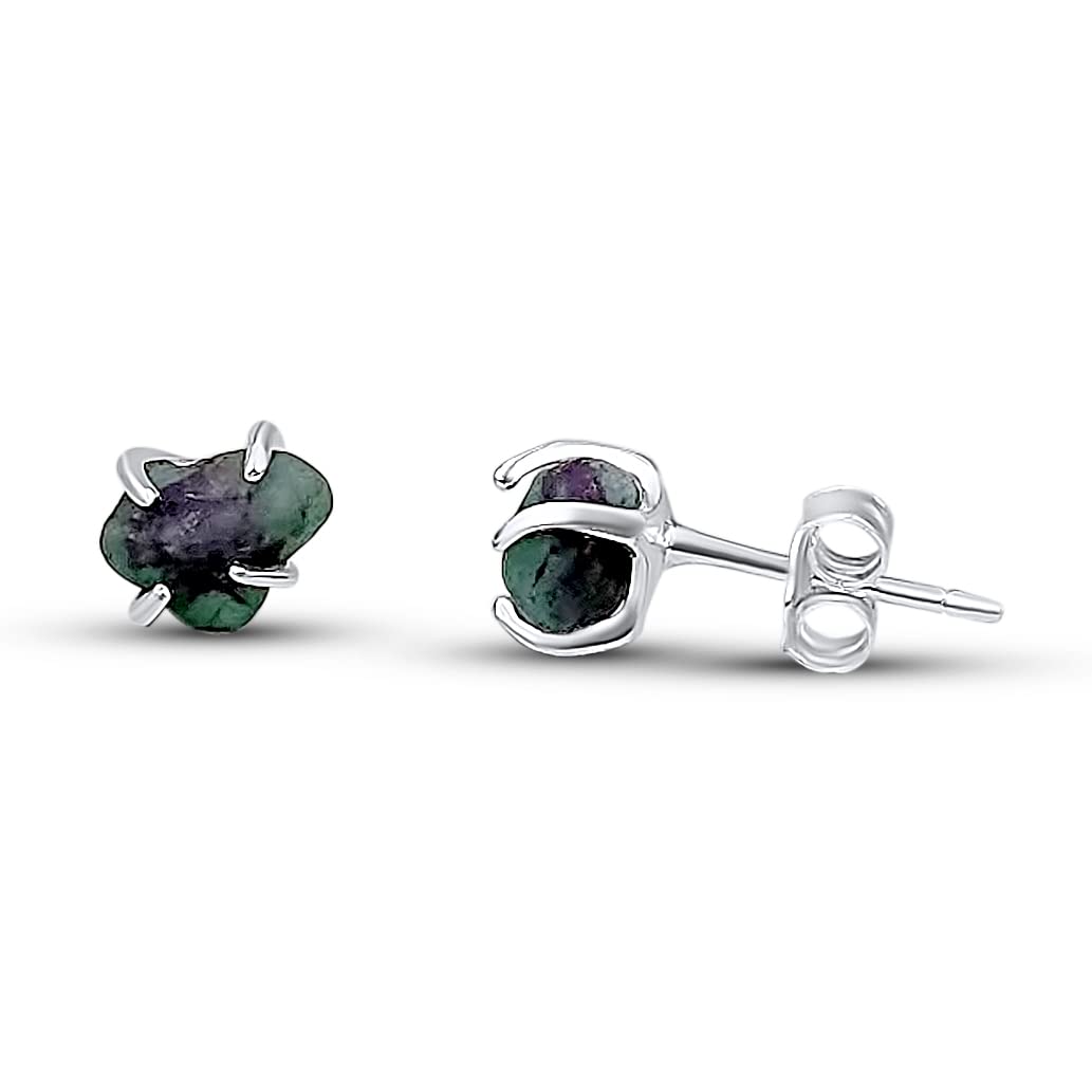 Real Raw Emerald Stone Tiny Stud Earrings in Sterling Silver