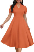 Womens Short Puff Sleeve V Neck A-Line Dress - Knee Length Elegance