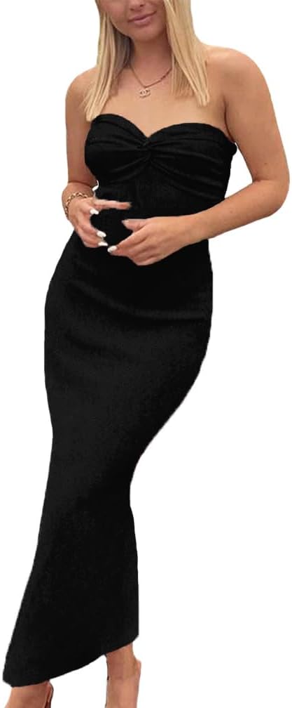 Sexy Twist Knot Front Ribbed Knit Bodycon Bandeau Dress