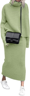 Women's Turtleneck 2 Piece Ribbed Knit Sweater Midi Skirt Set