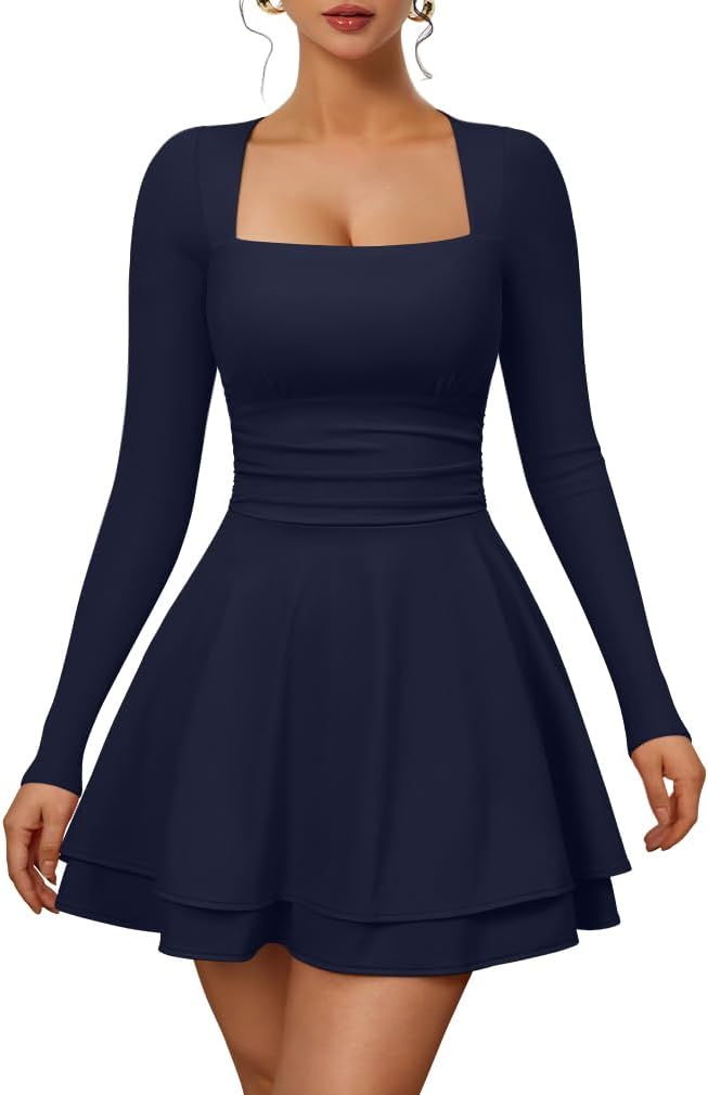 XXTAXN Womens Sexy Long Sleeve Square Neck Mini Dress