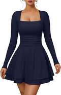 Womens Square Neck Long Sleeve Ruched Mini Dress - Flattering Fit