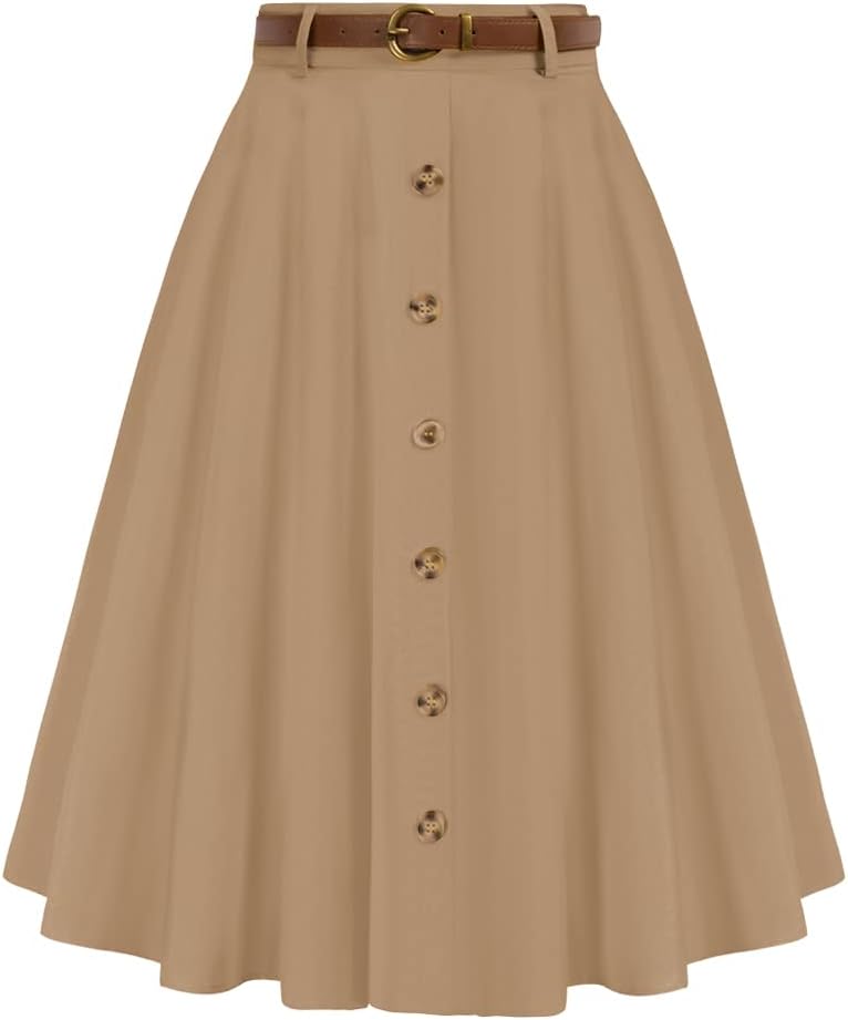 Vintage High Waist A-Line Flared Midi Skirt with Pockets