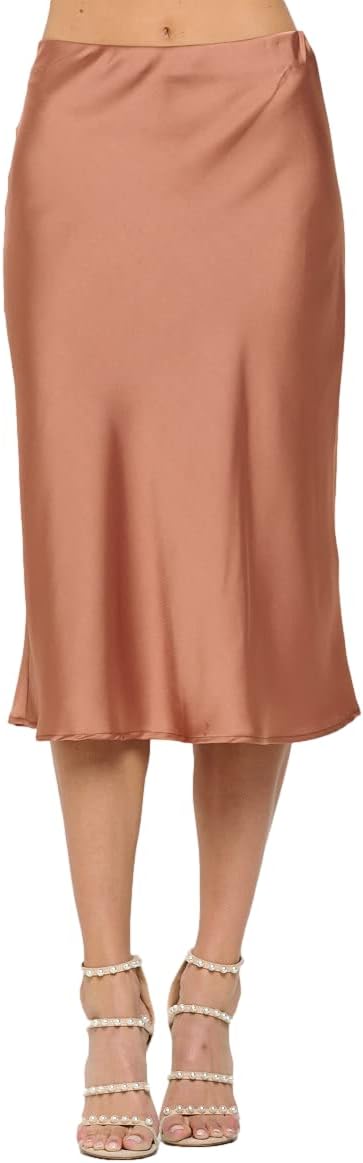 Women Solid High Waist Satin Midi Skirt for Elegant Style