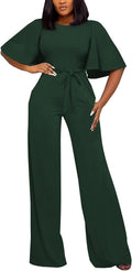 Womens Short Sleeve Belted Wide Leg Jumpsuit Romper - Elegant Fit