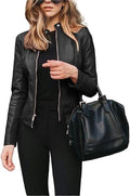 Women's Faux Leather Biker Jacket Plus Size - Slim Short Coat