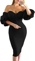 Memoriesea Womens Off Shoulder Bodycon Lantern Sleeve Midi Dress