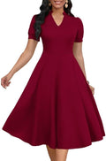 Womens Short Puff Sleeve V Neck A-Line Dress - Classic Knee-Length Fit
