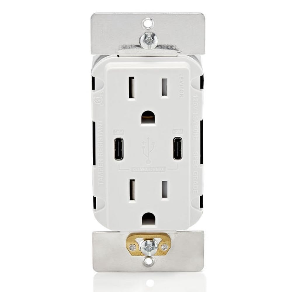 Leviton T5636-W USB Dual Type-C Charger with 15A Outlet
