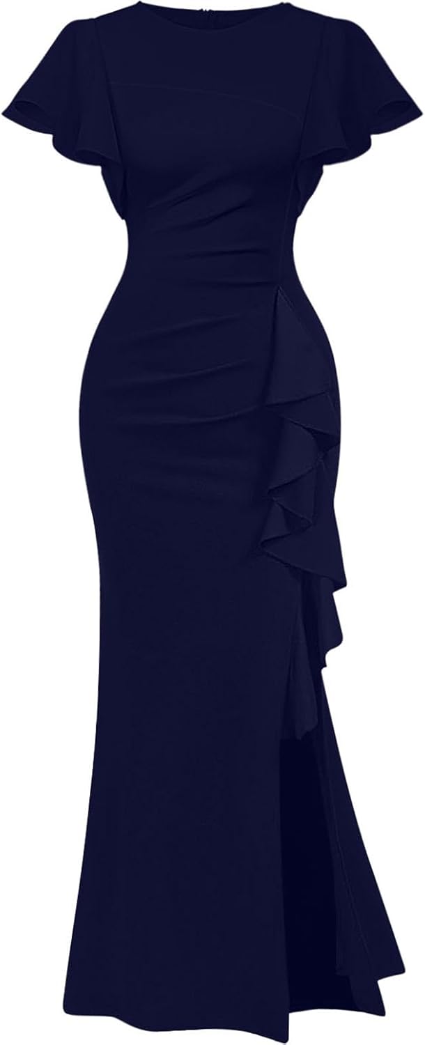 Memoriesea Women's Elegant High Split Ruched Bodycon Dress