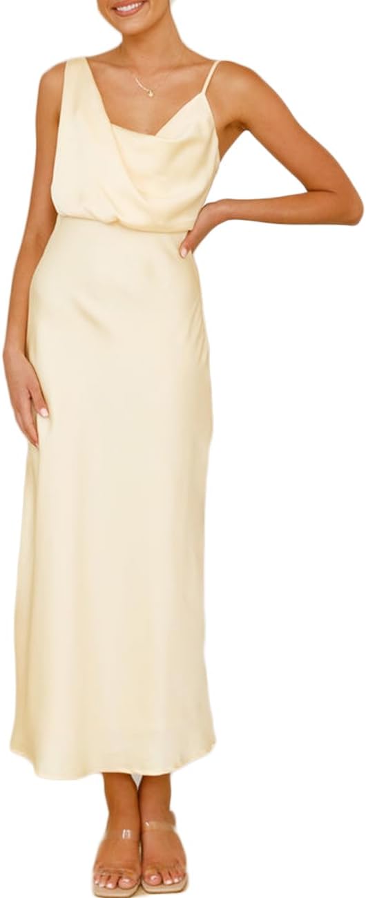 Elegant Summer Satin Cowl Neck Midi Dress for Women 2025