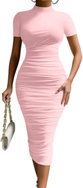 LAGSHIAN Women's High Neck Short Sleeve Ruched Midi Dress - Sleek Fit