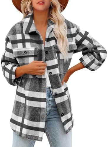 Womens Casual Wool Blend Plaid Flannel Shackets Jacket Coat