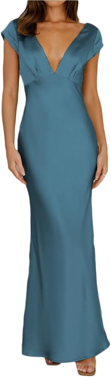 Halfisland Womens Summer Satin V Neck Cap Sleeve Maxi Dress