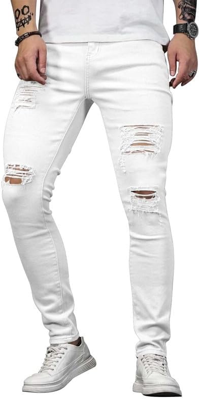 HUNGSON Men's Blue Slim Fit Jeans with Ripped Design and Stripes